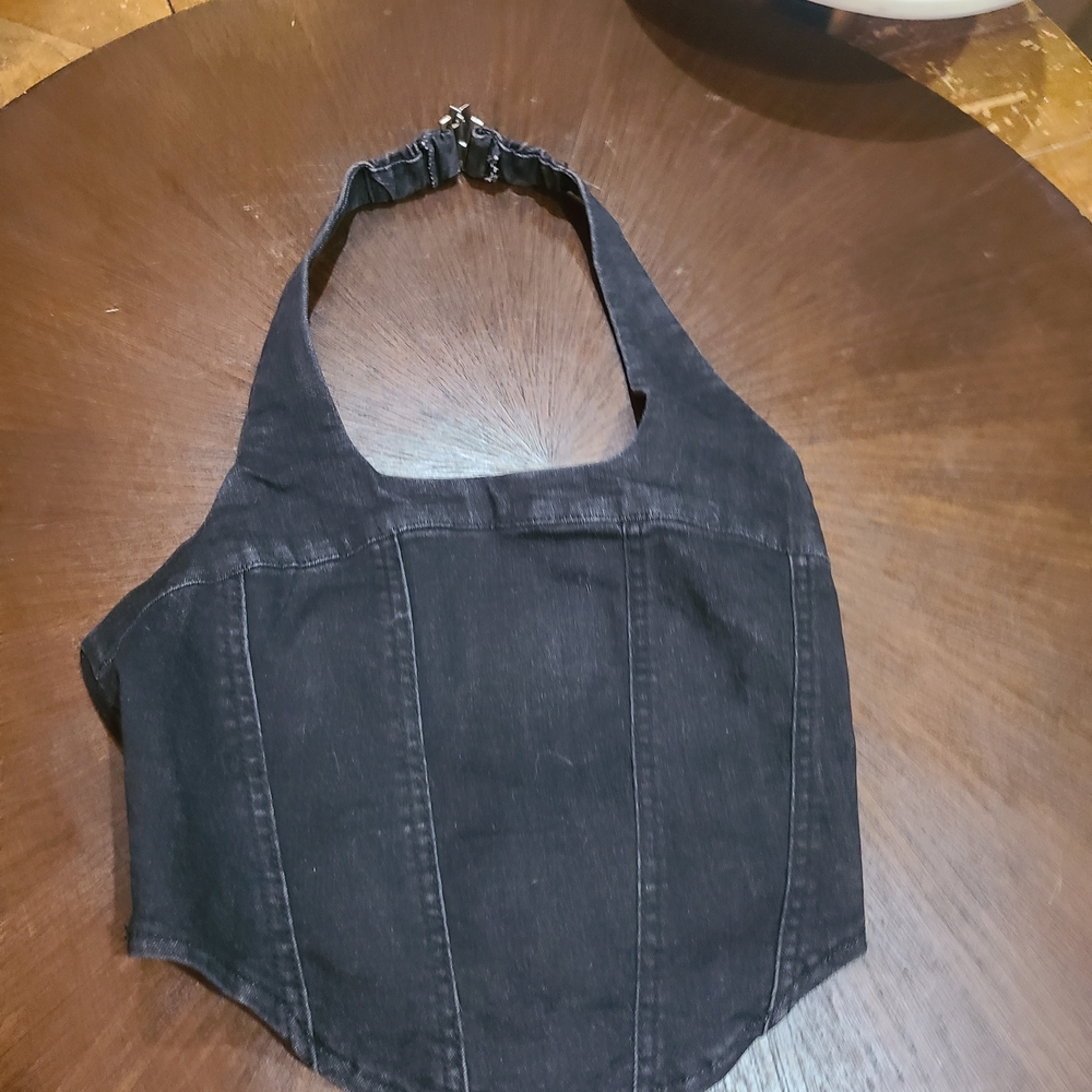 Black Denim Halter Crop Top with Adjustable Back Clasp